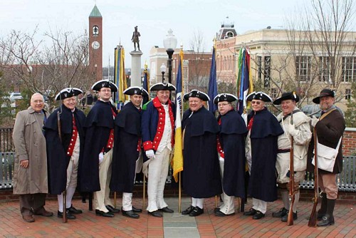 Members of the Fairfax Resolves with other Virginia Compatriots in front of the Daniel Morgan Monument. Compatriots from left to right: Wayne Rouse, Vern Eubanks, Darrin Schmidt, Peter Davenport, David Sympson, Larry McKinley, Allen Brahin, John Skillman, Frank Horton, and Mike Tommy.