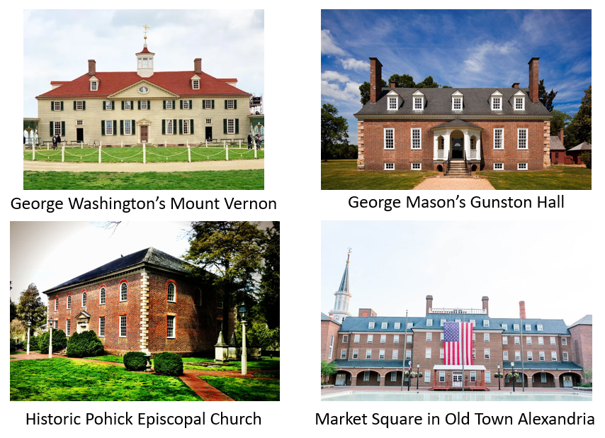 Locations important to the Fairfax Resolves: Mount Vernon, Gunston Hall, Pohick Church, Market Square in Alexandria